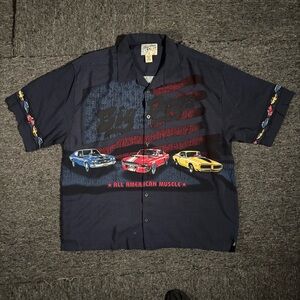 Vintage Big Dogs Navy Graphic Muscle Car Short Sleeve Button-Up Shirt Size XL